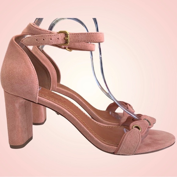 COACH LINK PEONY PINK SUEDE ANKLE STRAP OPEN TOE HEELED SANDALS - Picture 16 of 16